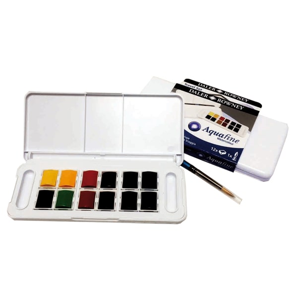 Acquerelli Acquafine Godet - colori assortiti - Daler Rowney - scatola in platica 12 acquerelli + 1 pennello