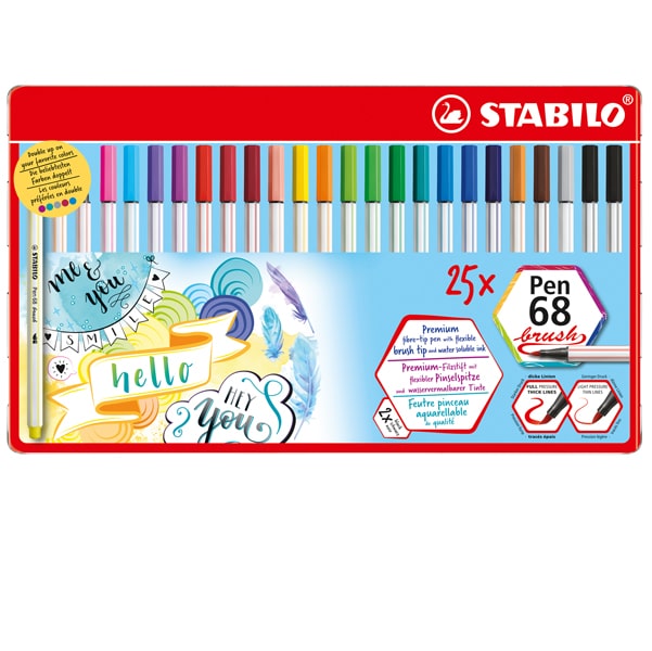 Pennarello Pen 68 Brush - colori assortiti - Stabilo - scatola metallo 25 pezzi